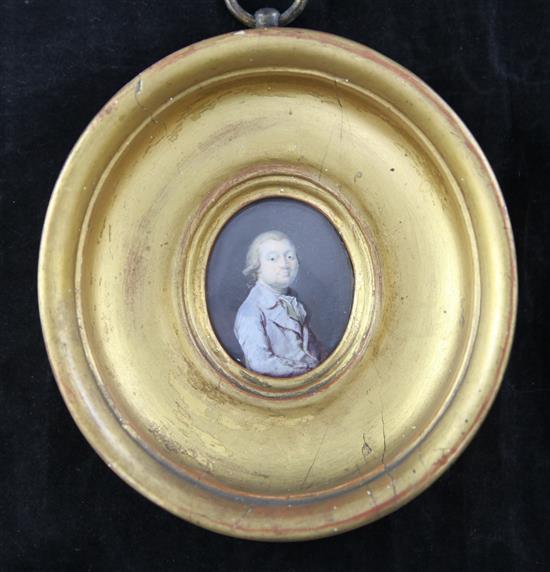 English School c.1800 Miniature of a gentleman wearing a blue coat 2 x 1.5in.